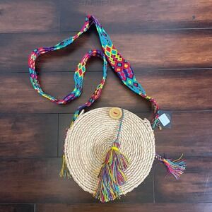 Del Rio Straw Crossbody Bag Women OS Beige New Woven Embroidered Strap Tassel